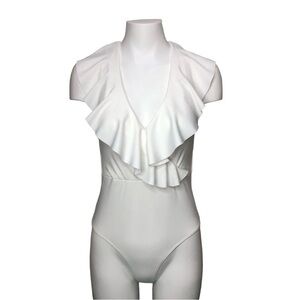 Shein White Ruffle Lace Up back swimsuit Size Small